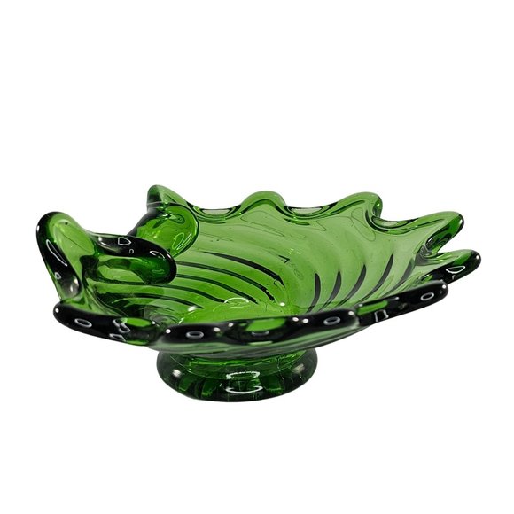 Art Glass Folded Swirl Candy Bowl Trinket Dish Green Vintage - Picture 3 of 10